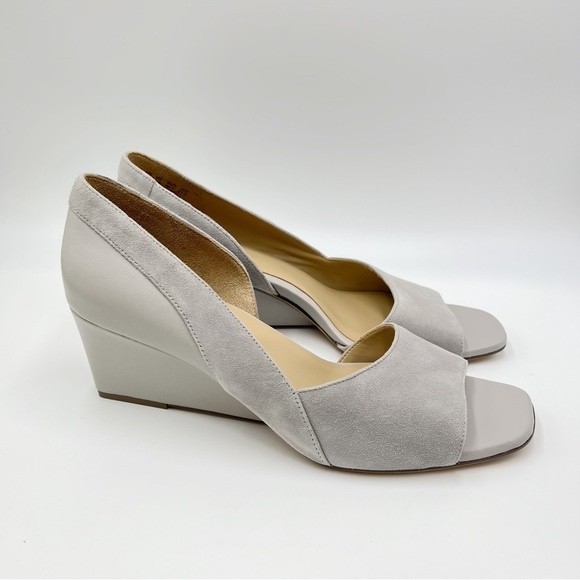 Naturalizer Size 10.5 Grey Gray Leather Suede Open Peep Toe Wedges Pumps Shoes - Picture 2 of 12